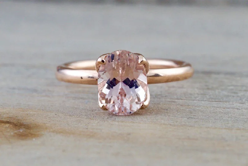 14k Rose Gold Oval Morganite Peach Pink Classic lotus flower petal Solitaire Engagement Wedding Ring Design 9x7 1.9 carats