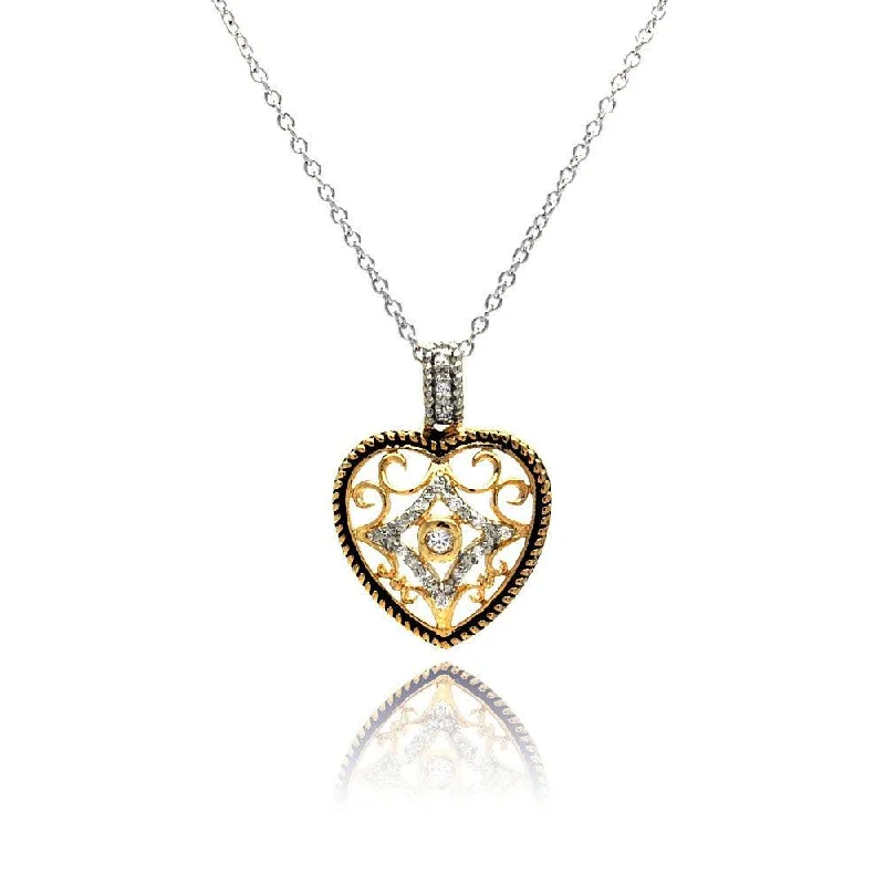 Silver 925 Clear CZ Gold Plated Heart Pendant Necklace - BGP00117