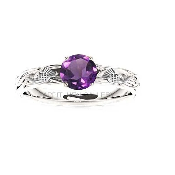 SCOTTISH THISTLE CELTIC FLOW AMETHYST ENGAGEMENT RING IN WHITE GOLD