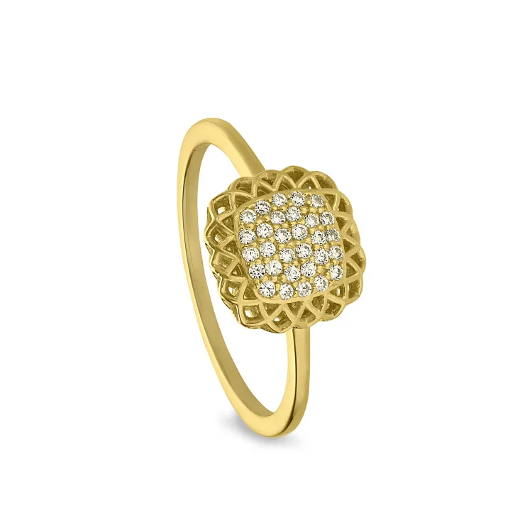 Gold Finish Sterling Silver Micropave Pillow with Filigree Edge Ring with Simulated Diamonds