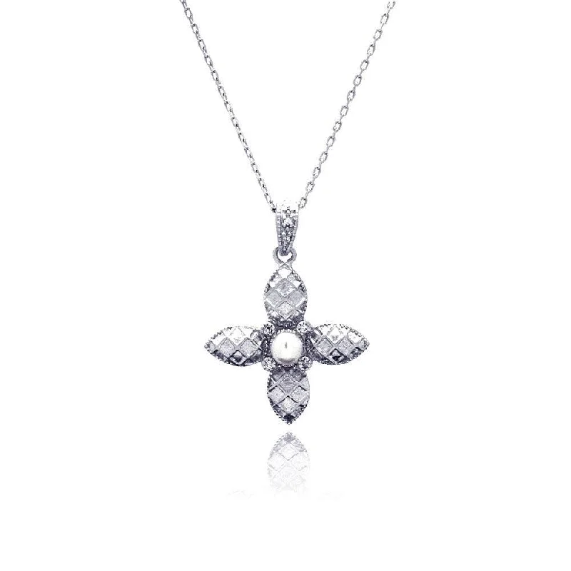 Clearance-Silver 925 Rhodium Plated Flower CZ Center Pearl Necklace - BGP00432