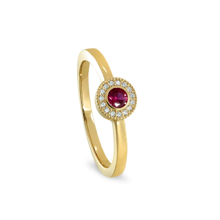 Gold Finish Sterling Silver Micropave Round Simulated Ruby Ring with Simulated Diamonds Size 4