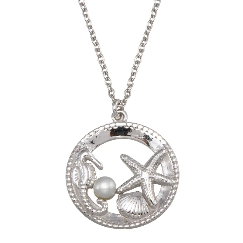 Rhodium Plated 925 Sterling Silver Seahorse, Starfish, Clam, and Pearl Pendant Necklace - SOP00159