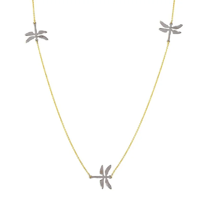 Rhodium Plated 925 Sterling Silver and Gold Plated Dragonfly Necklace - DIN00024