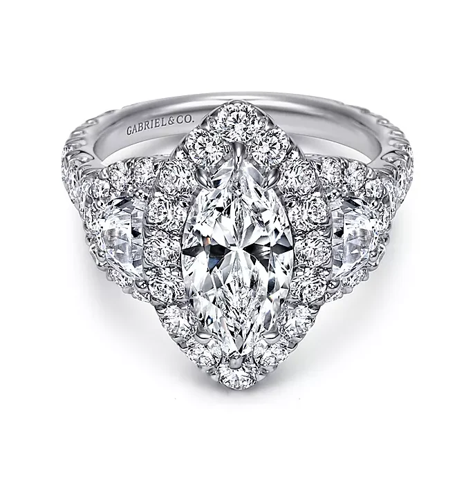 Eve - 14K White Gold Marquise Shape Three Stone Halo Diamond Engagement Ring