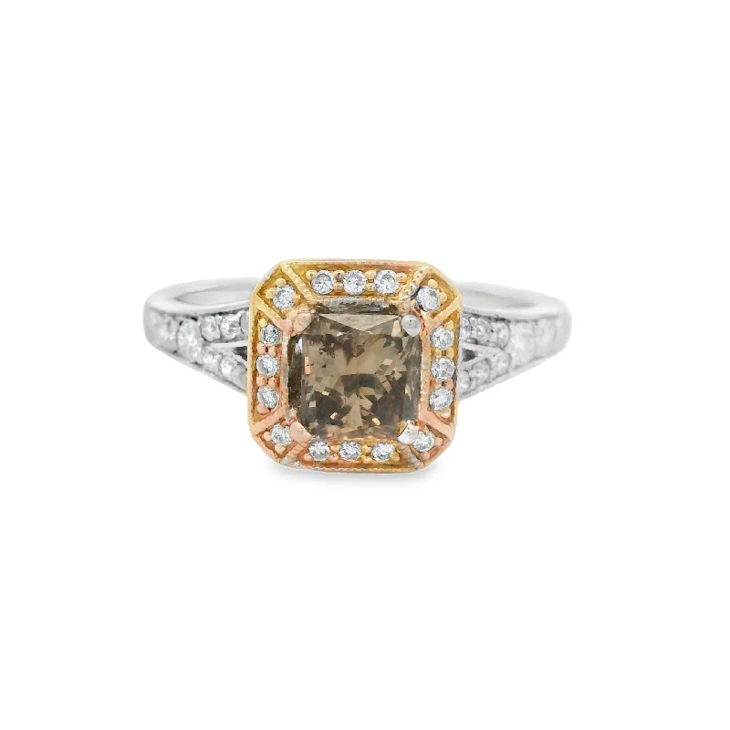 GIA Chochlate Diamond Halo Two Toned Engagement Ring