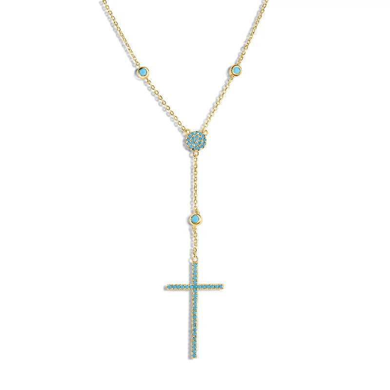 Silver 925 Gold Plated Cross Necklace with Synthetic Turquoise Stones - STP01513GP