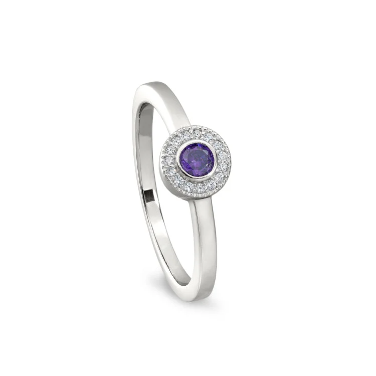 Platinum Finish Sterling Silver Micropave Round Simulated Amethyst Ring with Simulated Diamonds Size 8