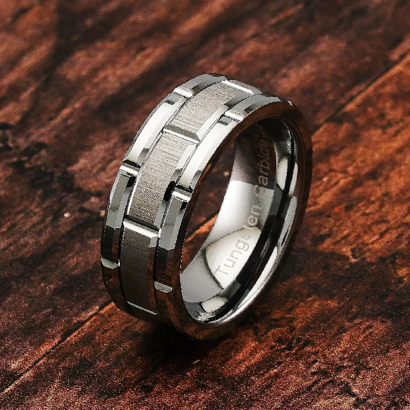 100S JEWELRY Tungsten Rings for Men Wedding Band Silver Brick Pattern Brushed Engagement Promise Size 6-16