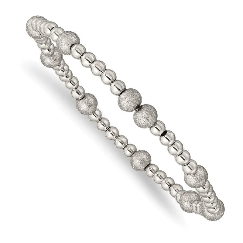 Stainless Steel Polished Sand Blasted Beaded Stretch Bracelet