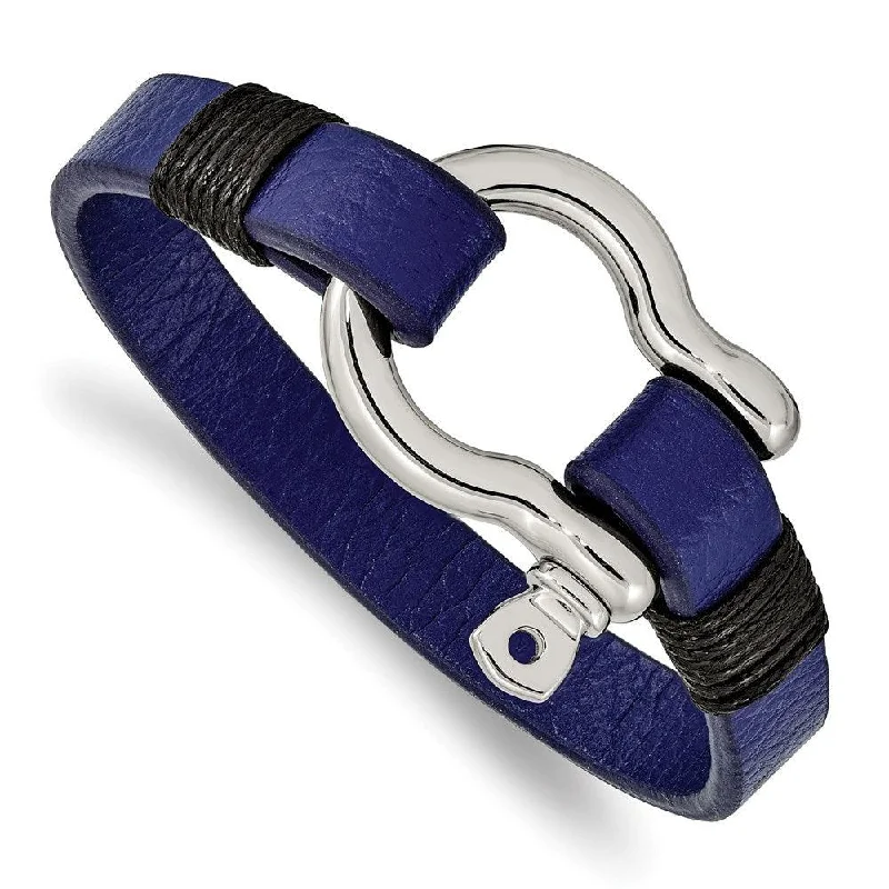 Stainless Steel Polished Black and Blue Leather 8.25in Shackle Bracelet