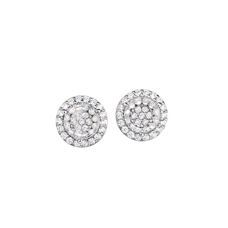 Platinum Finish Sterling Silver Micropave Round Earrings with Simulated Diamonds