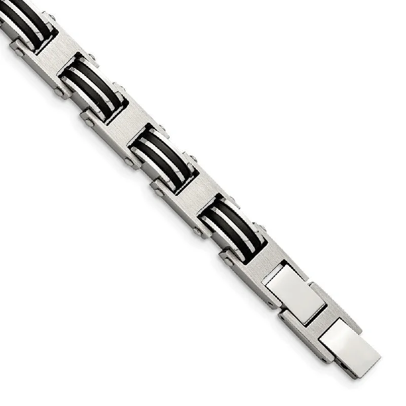 Stainless Steel Brushed & Polished w/Blk Rubber w/.5in ext 7.75in Bracelet