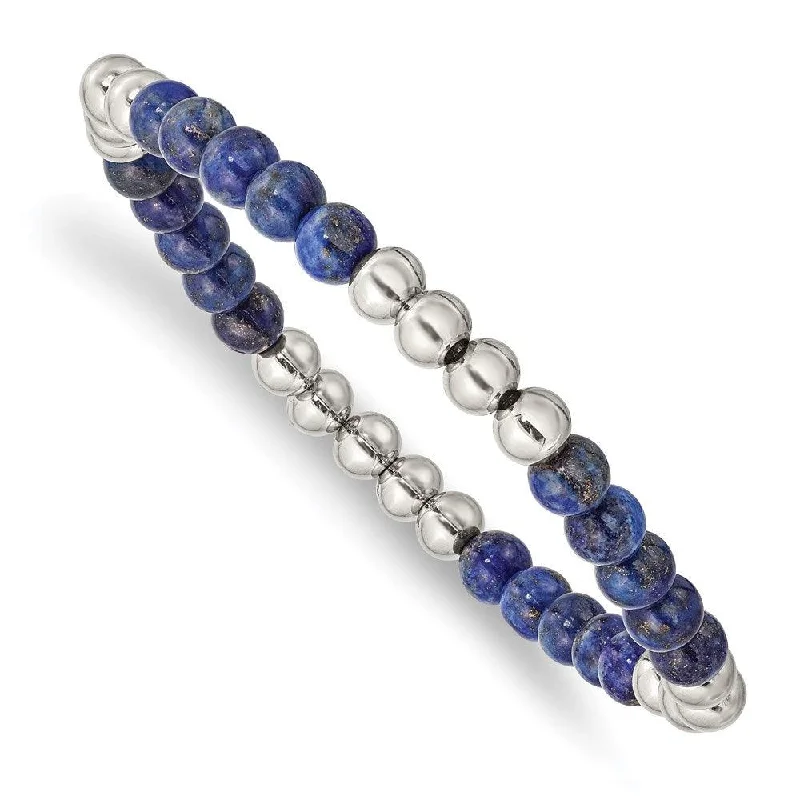 Stainless Steel Polished Lapis Beaded Stretch Bracelet