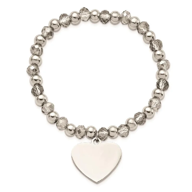 Stainless Steel Polished w/Grey Glass Beads Heart Dangle Stretch Bracelet