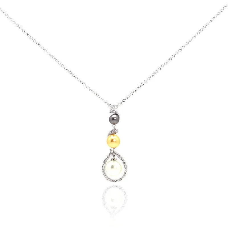 Silver 925 Rhodium Plated Multi Colored Pearl Clear CZ Drop Pendant Necklace - BGN00050