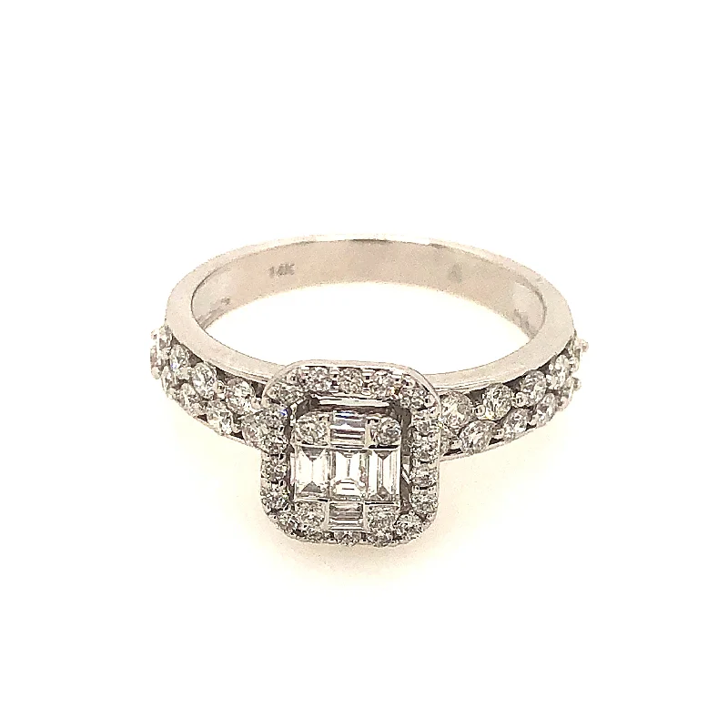 14k White Gold 0.65ctw Baguette and Round Diamond Engagement Ring