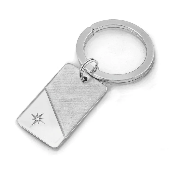 Rhodium Finish Tu-Tone Key Ring W/.05pt Diamond