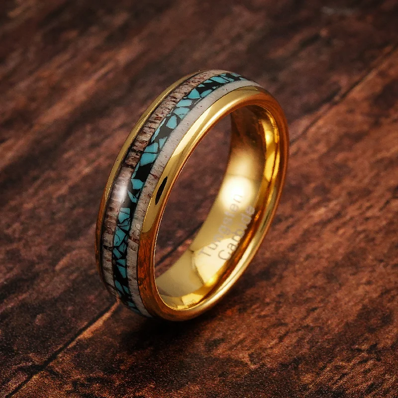 100S JEWELRY 6mm Gold Tungsten Wedding Rings for Men Women Unique Turquoise & Antler Inlay Durable Engagement, Promise, and Wedding Band - Available in Sizes 6-13