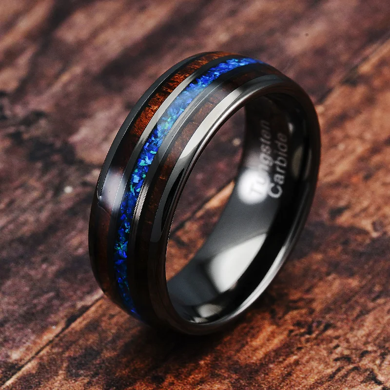 Gunmetal Tungsten Ring For Men Koa Wood Blue Opal Inlaid Wedding Band Promise Engagement Size 6-16