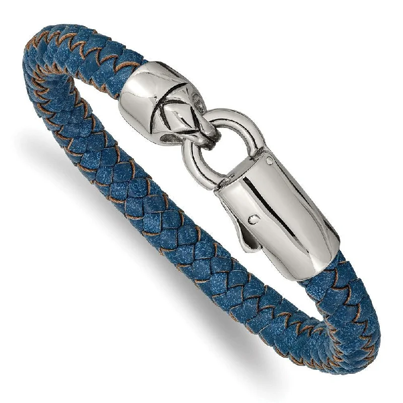 Stainless Steel Antiqued and Polished Blue Leather 8.25in Bracelet