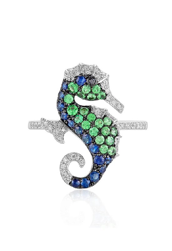 Seaside 14K White Gold Multi Gemstone and Diamond Seahorse Ring