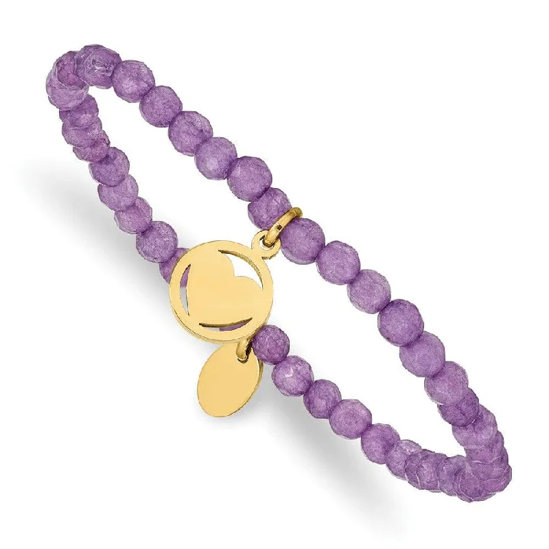 Stainless Steel Polished Yellow IP Heart Light Purple Jade Stretch Bracelet