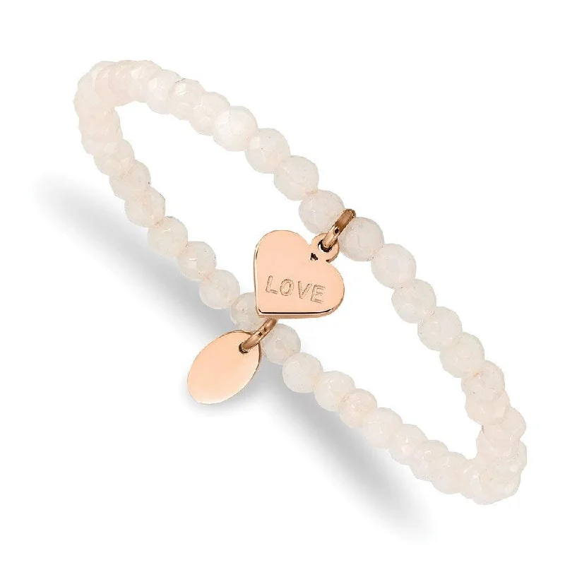 Stainless Steel Polished Rose IP-plated LOVE Heart Jade Stretch Bracelet