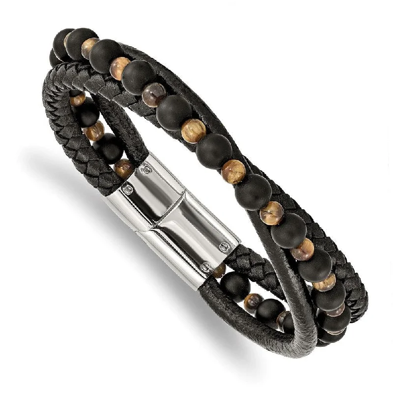 Stainless Steel Polished w/Tiger's Eye/Black Agate Leather 8.25in Bracelet