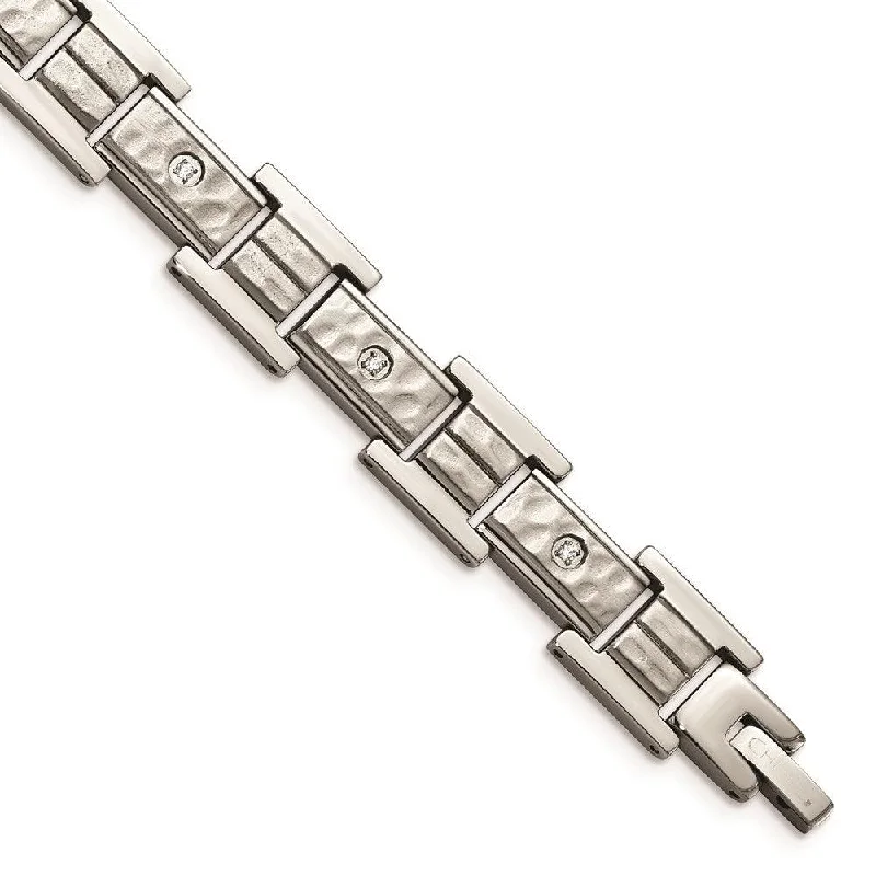 Stainless Steel Brushed Polished and Hammered w/CZ 8.5 in Bracelet