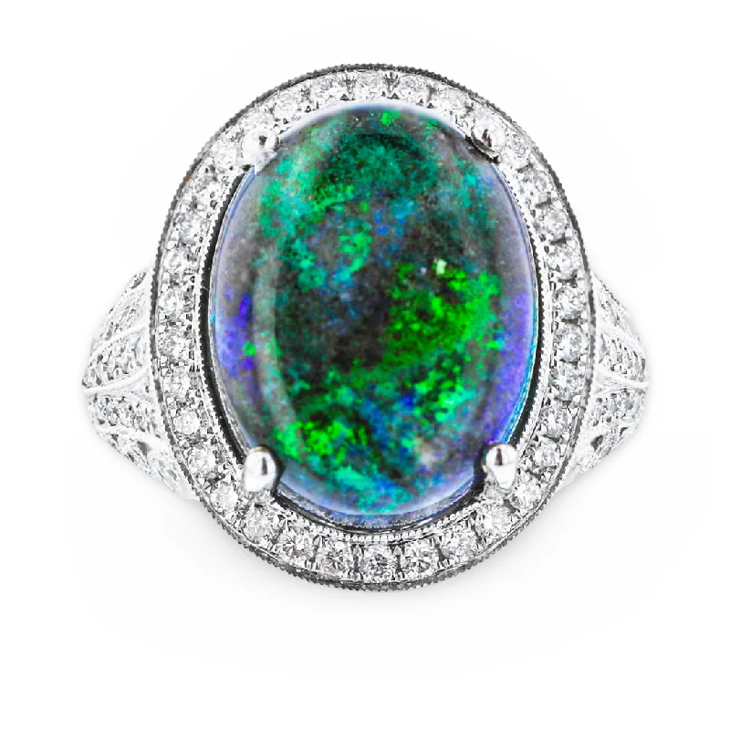 JULEVE 14KT WHITE GOLD 7.56CT BLACK OPAL & 1.15CTW DIAMOND HALO RING