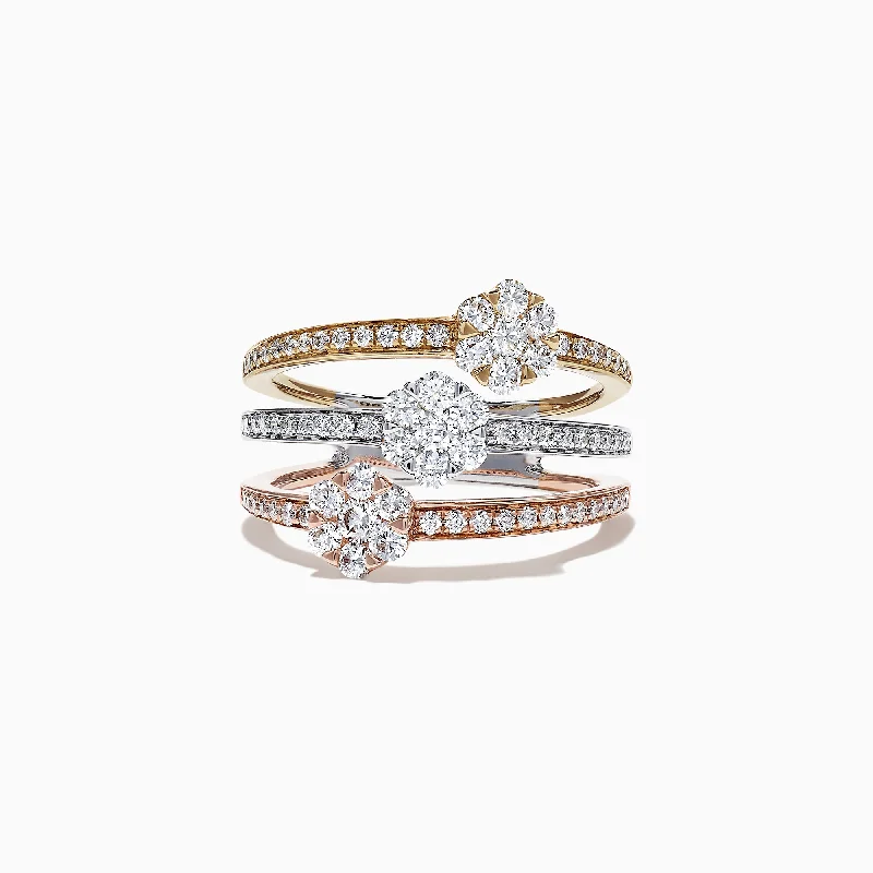 Trio 14K Tri Tone Gold Split Band Diamond Flower Ring, 1.04 TCW