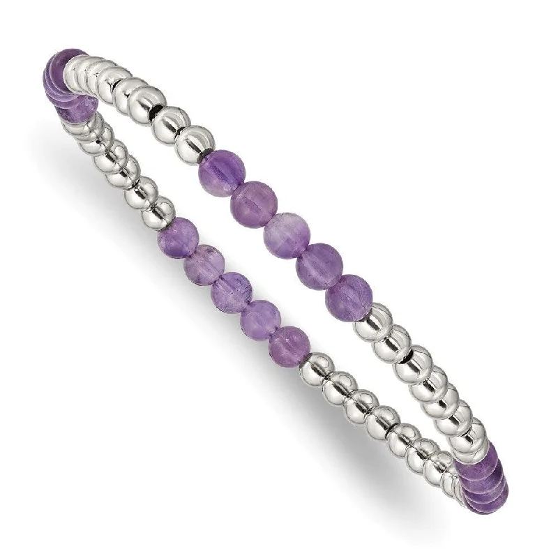 Stainless Steel Polished Purple Zebra Amethyst Beaded Stretch Bracelet