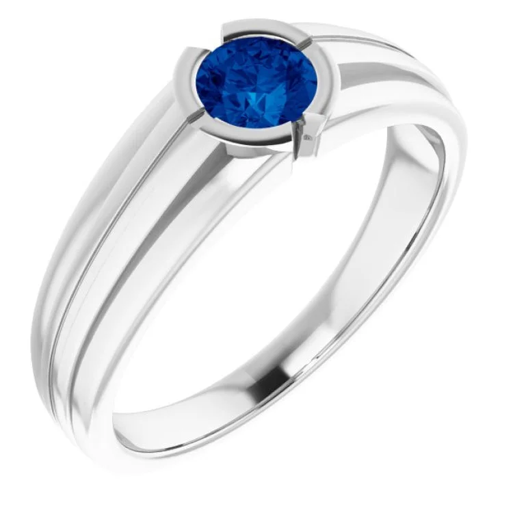 14K White Lab-Grown Blue Sapphire Ring