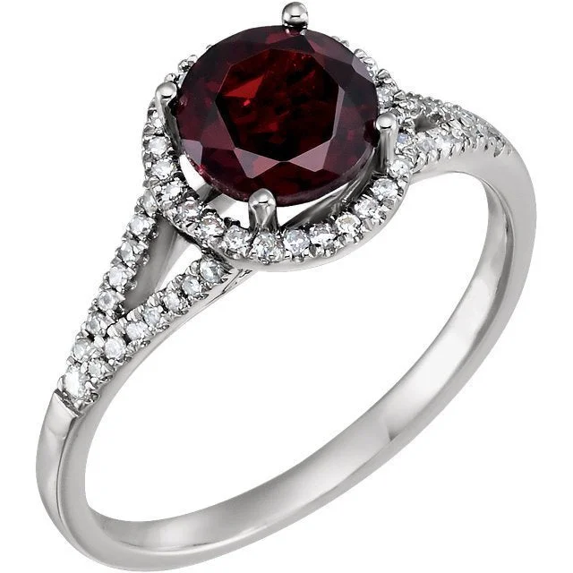 14KT WHITE GOLD 1.65CTW ROUND GARNET & 1/6 CTW DIAMOND RING