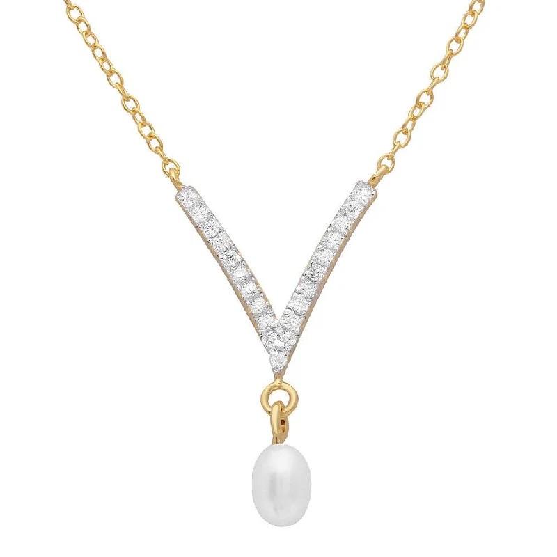 Silver 925 Gold Plated V Shape CZ Necklace with Hanging Fresh Water Pearl - STP01525GP