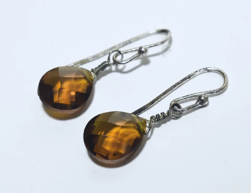 Amber Checkerboard Faceted Teardrop Dangle Earrings