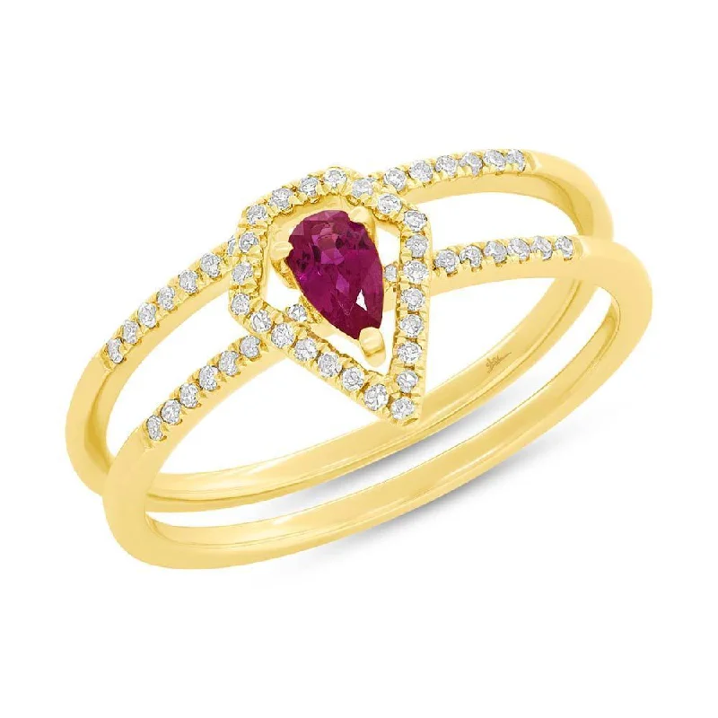 14KT GOLD 0.22 CTW PEAR SHAPE RUBY & 0.15 CTW DIAMOND RING