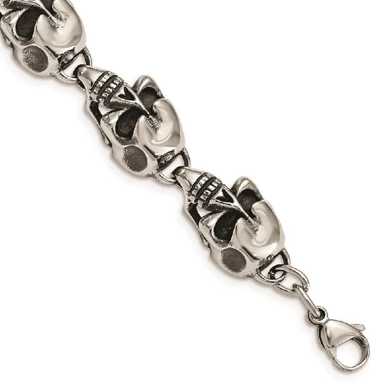 Stainless Steel Antiqued Skulls 8.5in Bracelet