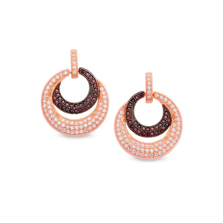 Rose Gold & Black Rhodium Finish Sterling Silver Micropave Earrings with Brown & White Simulated Diamonds