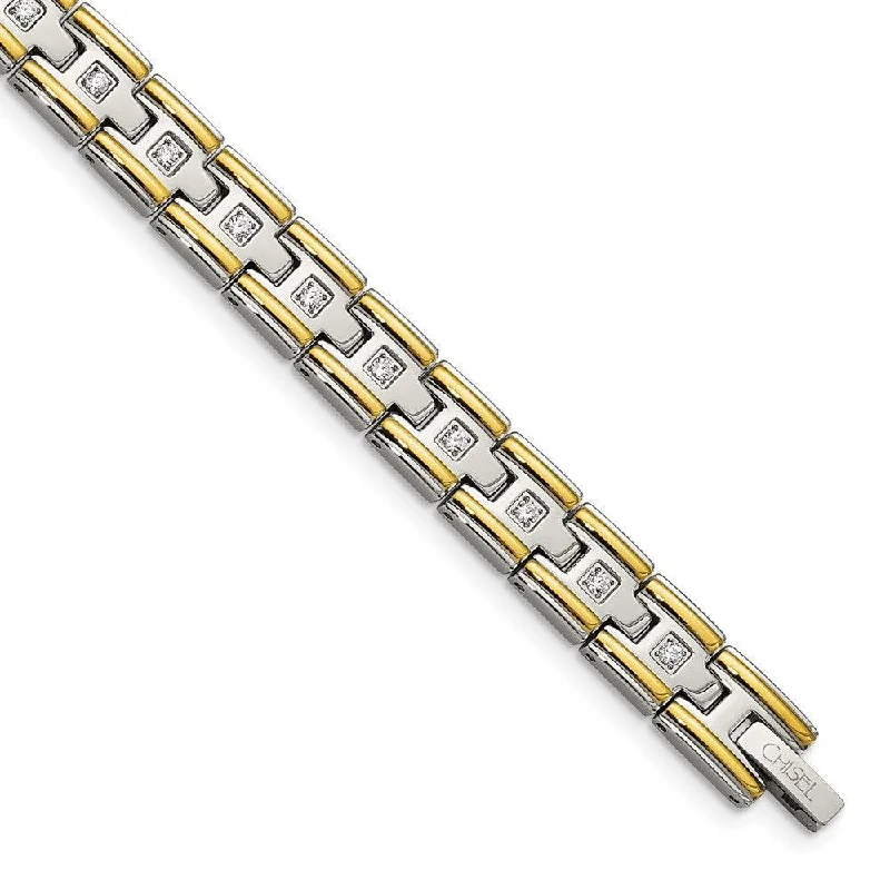 Stainless Steel Polished Yellow IP CZ 8.50in Link Bracelet