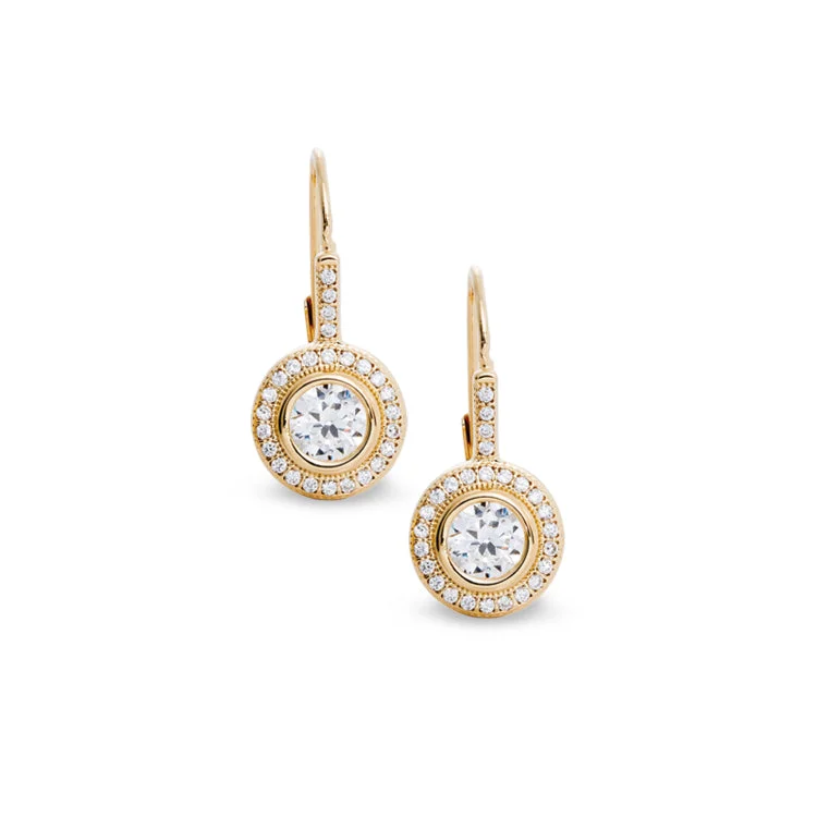 Gold Finish Sterling Silver Micropave Round Lever Back Earrings with 27 Simulated Diamonds