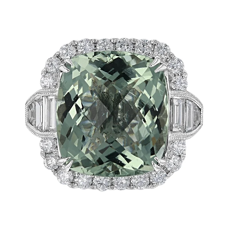 JULEVE 18KT WHITE GOLD 14.82 CT PRASIOLITE & 2.26 CTW DIAMOND HALO RING