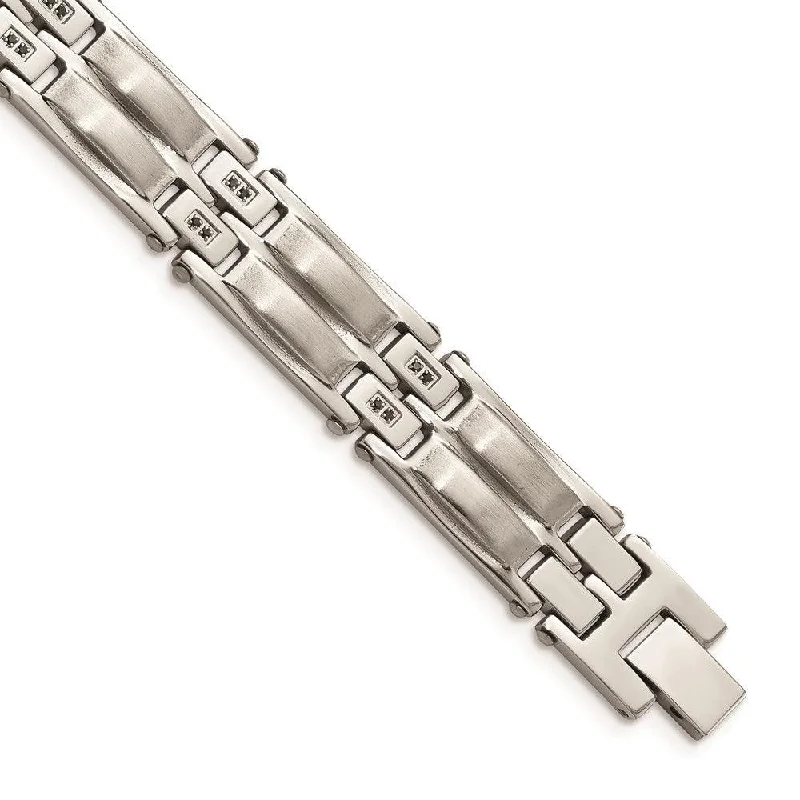 Stainless Steel Satin & Polished w/Black CZ Link Bracelet