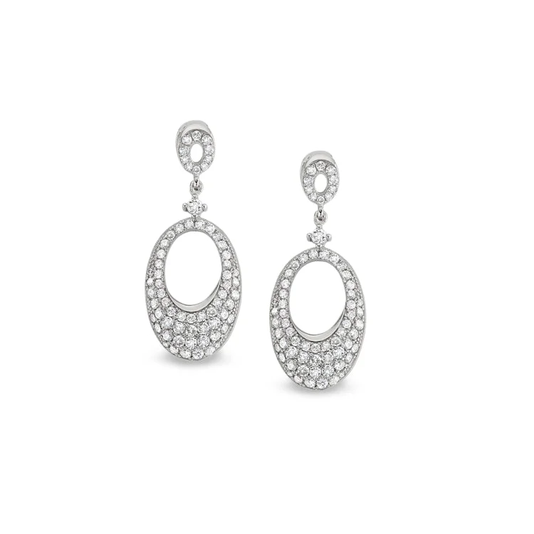 Platinum Finish Sterling Silver Micropave Graduated Open Oval Earrings with Simulated Diamonds