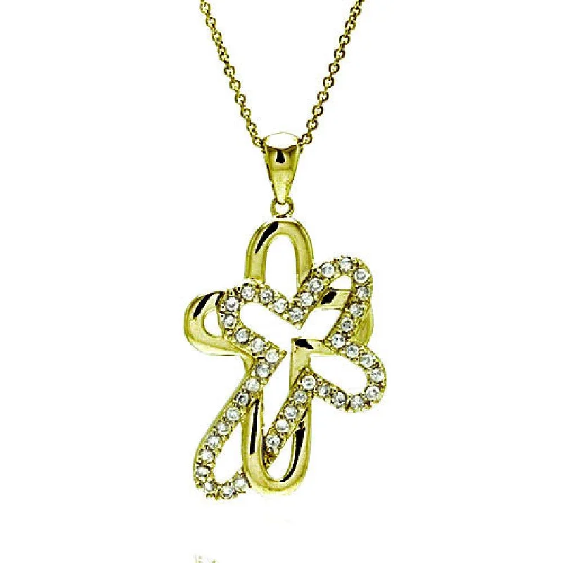 Clearance-Silver 925 Clear CZ Gold Plated Double Cross Pendant Necklace - STP00008GP