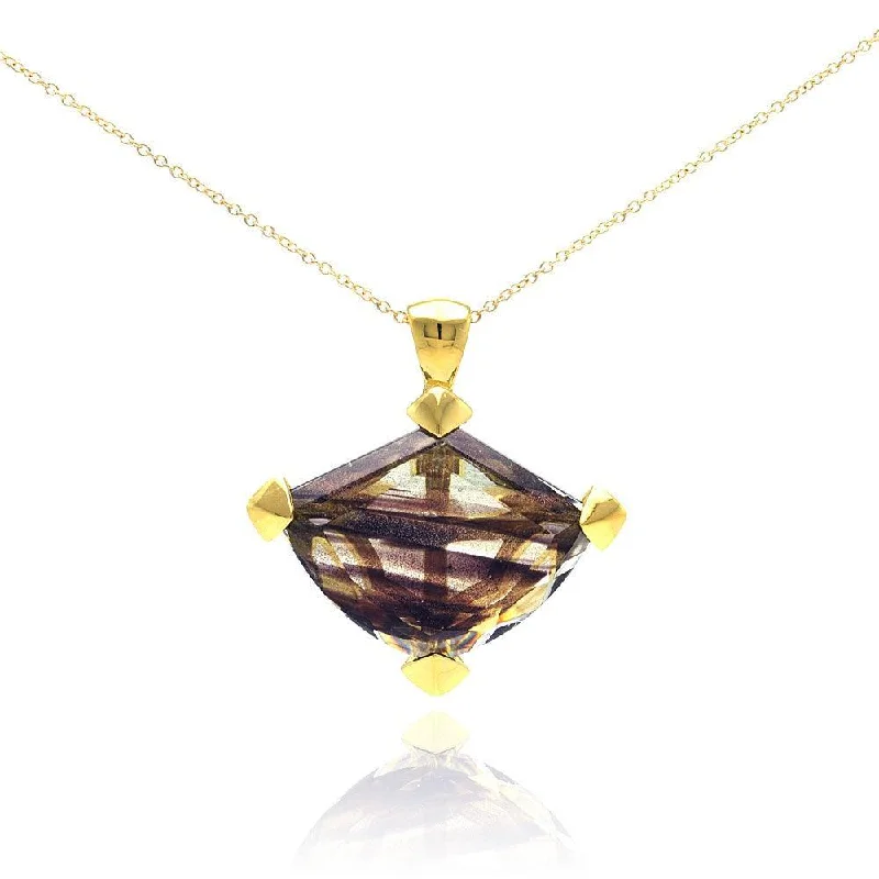 Clearance-Silver 925 Gold Plated Brown Stripe CZ Necklace - BGP00284