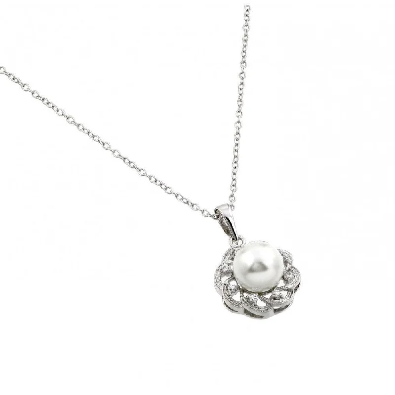 Silver 925 Rhodium Plated Flower CZ Center Pearl Necklace - BGP00707