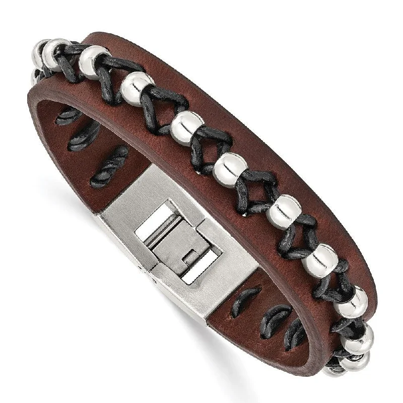 Stainless Steel Brown Leather with Polished Beads Bracelet