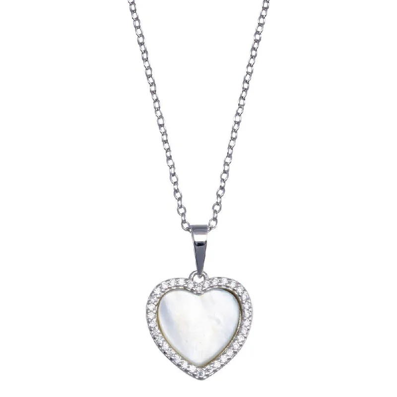 Rhodium Plated 925 Sterling Silver  Heart Mother of Pearl Necklace - BGP01387